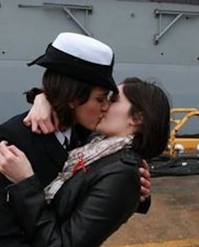 This photo of Marissa Gaeta, left, kissing her girlfriend of two years, Citlalic Snell, after Gaeta's ship returned from 80 days at sea made headlines.
