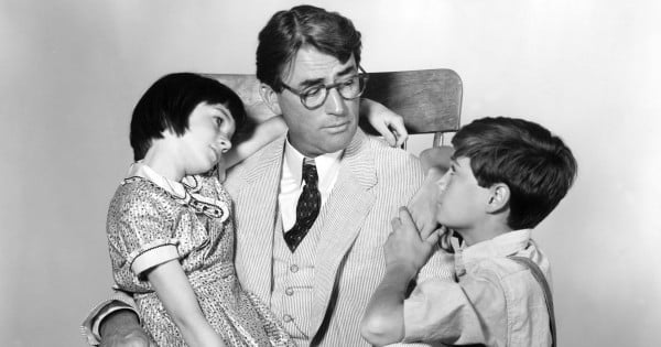 Gregory Peck as Atticus Finch, Mary Badham as Jean Louise 'Scout' Finch and Phillip Alford as Jeremy 'Jem' Finch in To Kill a Mockingbird