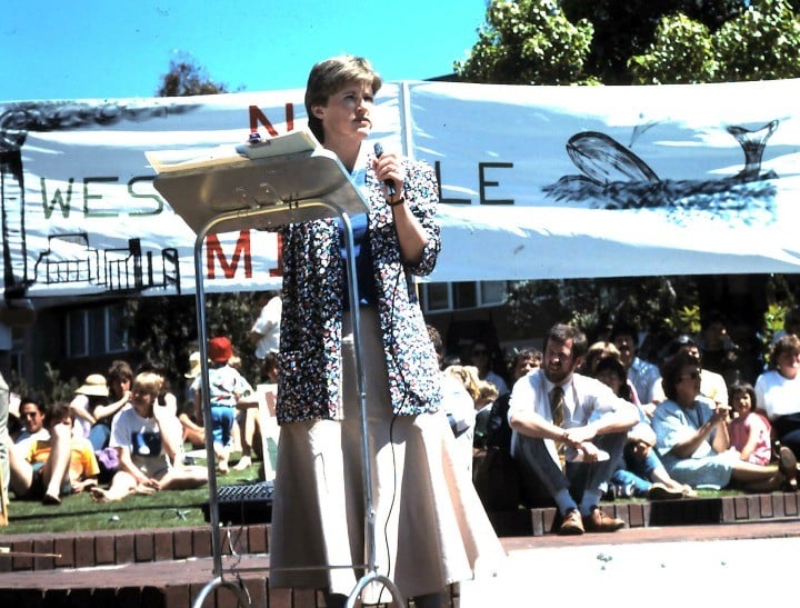Christine speaking in Launceston, in opposition to the Wesley Vale pulp mill in 1988. This is where Christine really entered public life and what prompted her to then run for parliament. Photo supplied.