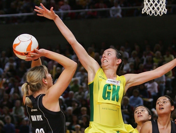 SYDNEY - JULY 25: Liz Ellis of Australia tries to block a shot for goal from Irene van Dyk of New Zealand during the second netball test between Australia and New Zealand held at the Acer Arena, Sydney Olympic Park on July 25, 2006 in Sydney, Australia. (Photo by Chris McGrath/Getty Images)