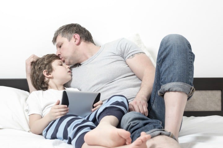 father son kid child dad bed ipad