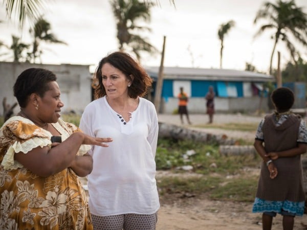  Oxfam Australia CEO Helen Szoke and Shirley Laban, manager of Oxfam’s climate change program in Vanuatu and coordinator of the Vanuatu Climate Action Network, Takara village on Efate Island, Vanuatu.   Oxfam Australia CEO Helen Szoke and Oxfam Board Chair Dennis Goldner travelled to Vanuatu to visit cyclone-affected communities and see Oxfam’s response first hand. In the three months since Tropical Cyclone Pam struck, Oxfam has reached 21,278 people in more than 50 communities on three islands.