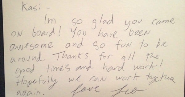 A personal note Leonardo sent to Brown during their time together. Source: Huffington Post. 