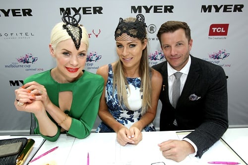 Myer Fashions on the Field judges Kate Peck, Myer Fashions on the Field Ambassador Rebeccah Panozza and Luke Jacobz 