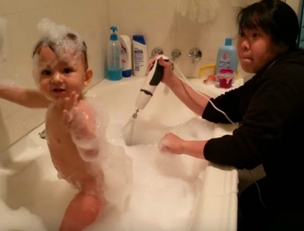 A baby in bath video that is more worrying than funny.