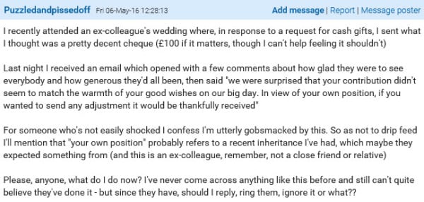 bride asked guest for more money
