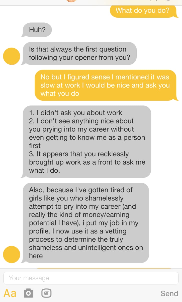 Man loses it on dating app after he's asked about his job.