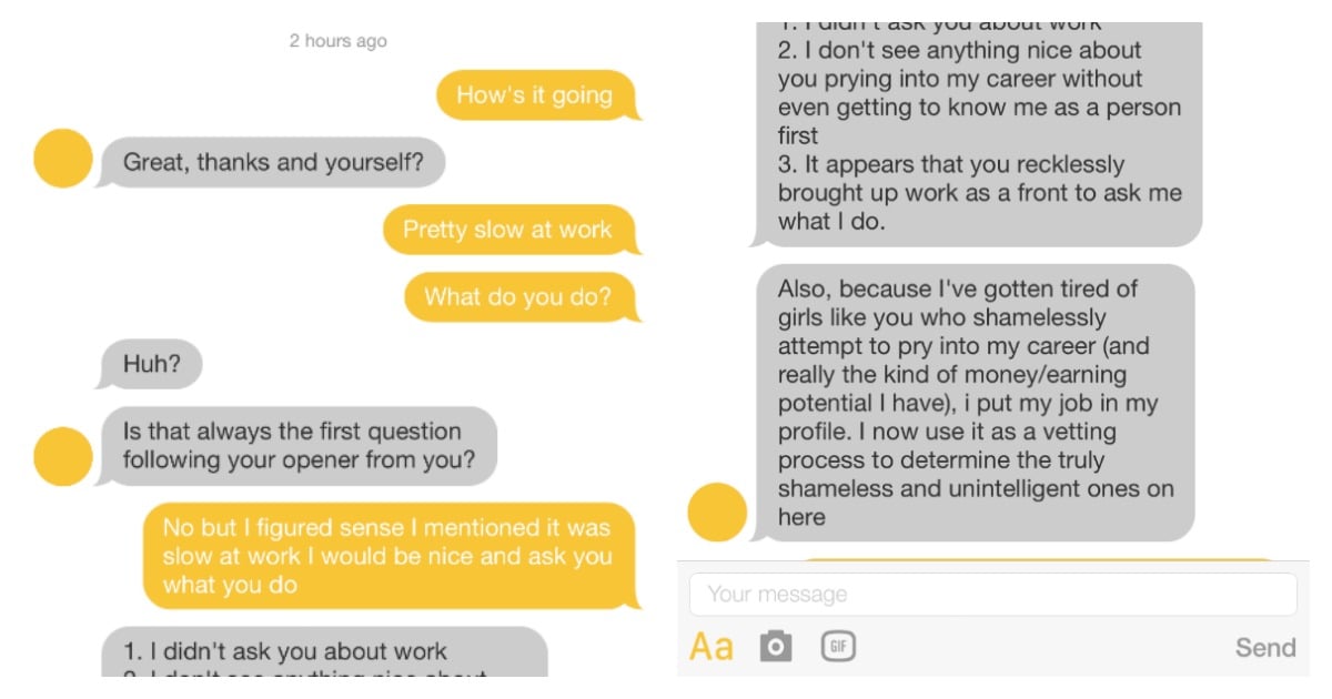 Man loses it on dating app after he's asked about his job.