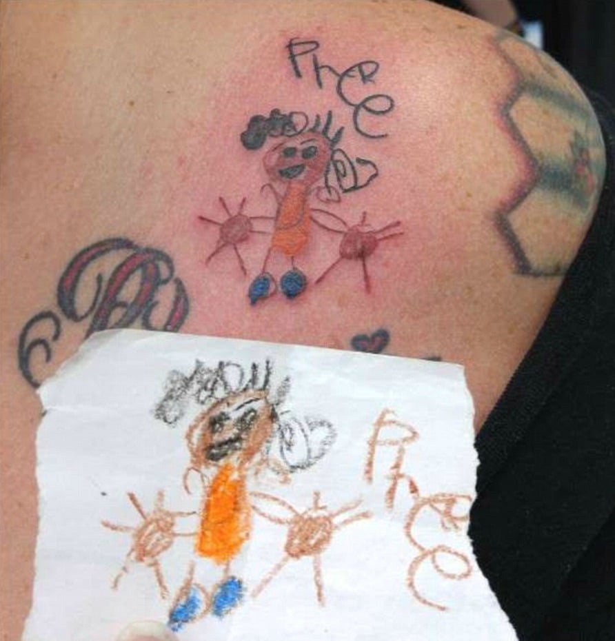 Parents get their kids' drawings tattooed on their bodies.