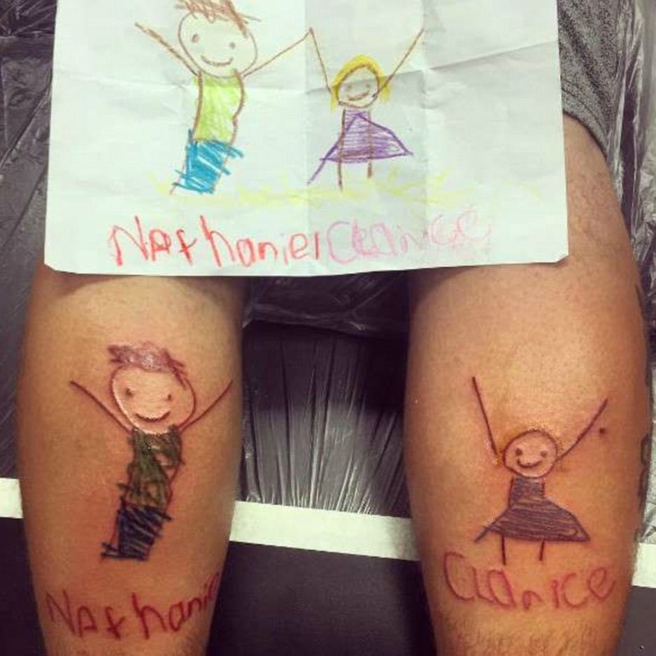 Parents get their kids' drawings tattooed on their bodies.