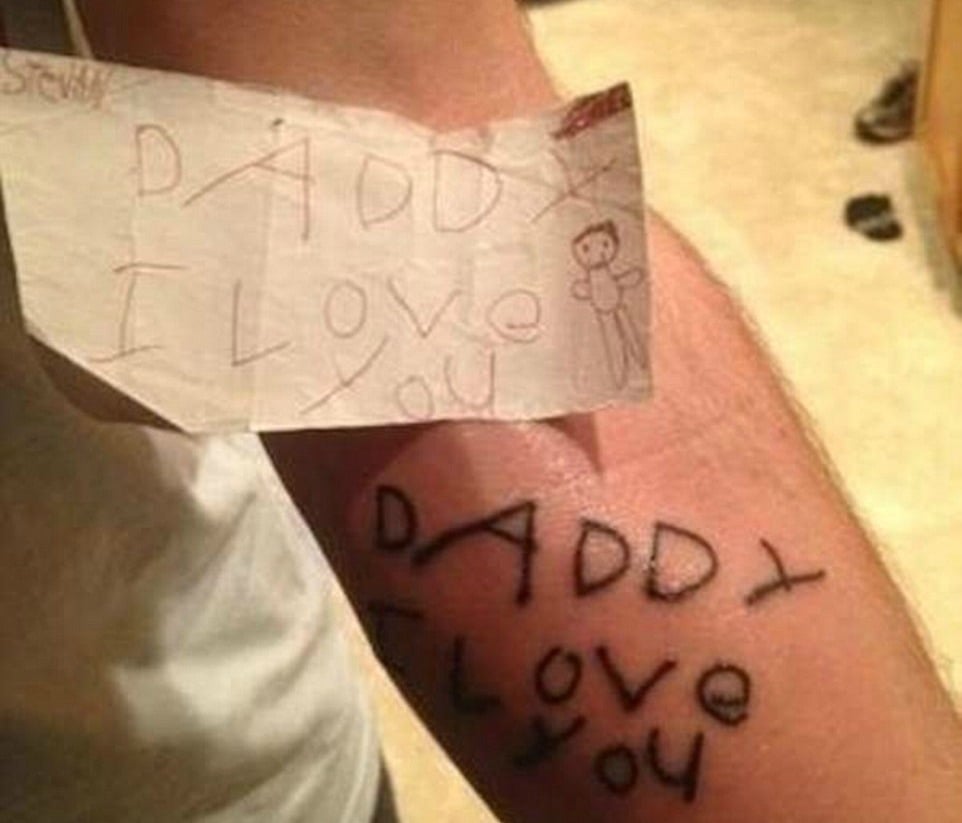 Parents get their kids' drawings tattooed on their bodies.
