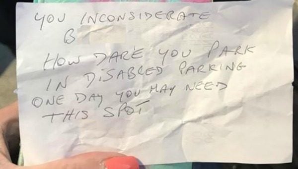 Mum With Disability Found Rude Note On Car Is Disabled Parking Space