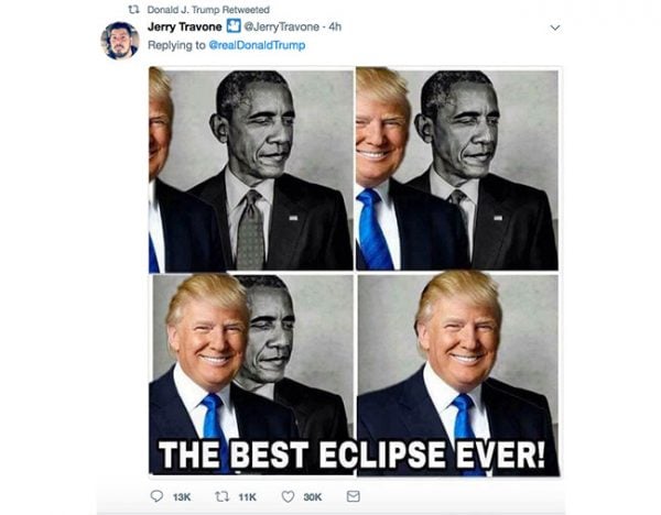 Donald Trump shares meme of Barack Obama solar eclipse.