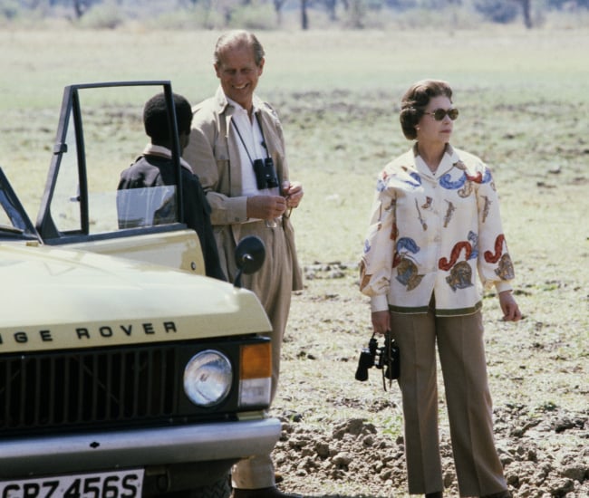 Queen Elizabeth II and Prince Philip on safari during their state visit to Zambia, 1979. (Photo by Serge Lemoine/Getty Images)
