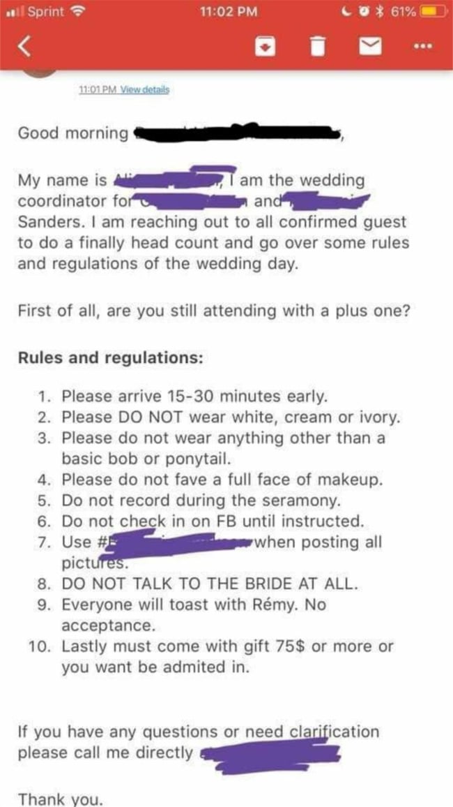 Crazy wedding demands. Image: Reddit.