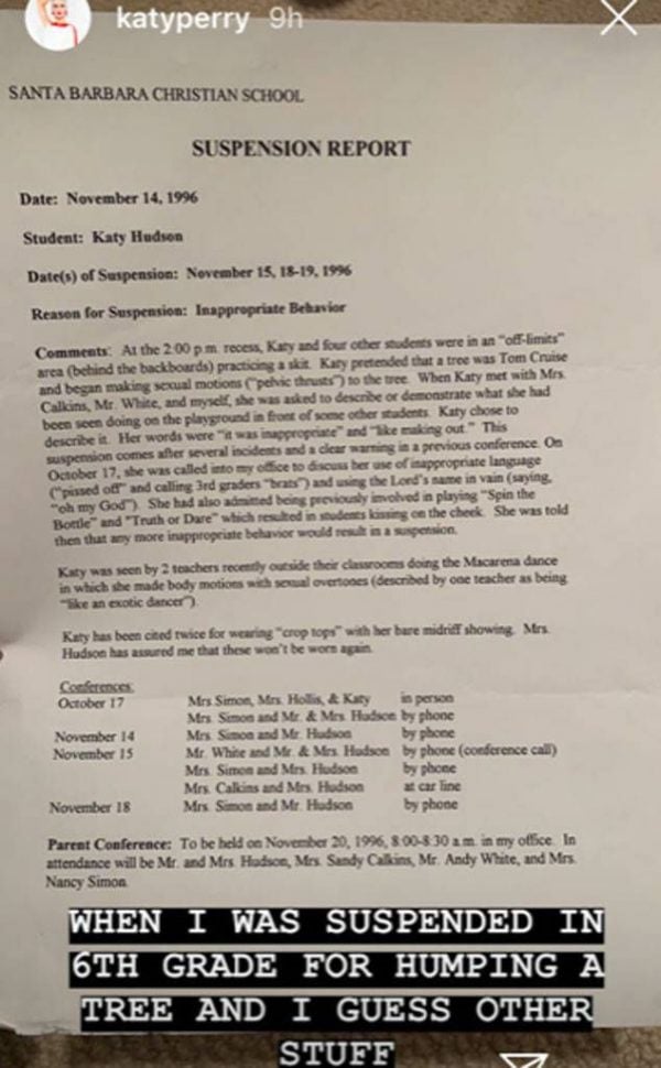 Katy Perry suspension letter