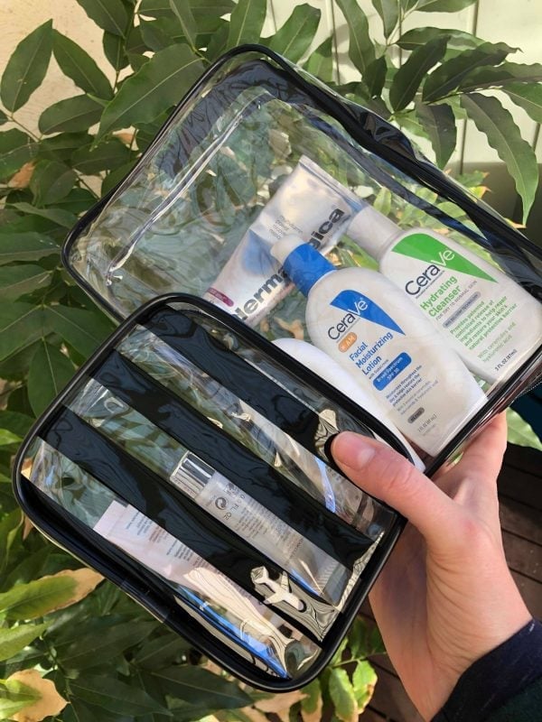 The clear $8 Kmart travel bag to pack in your carry on luggage.