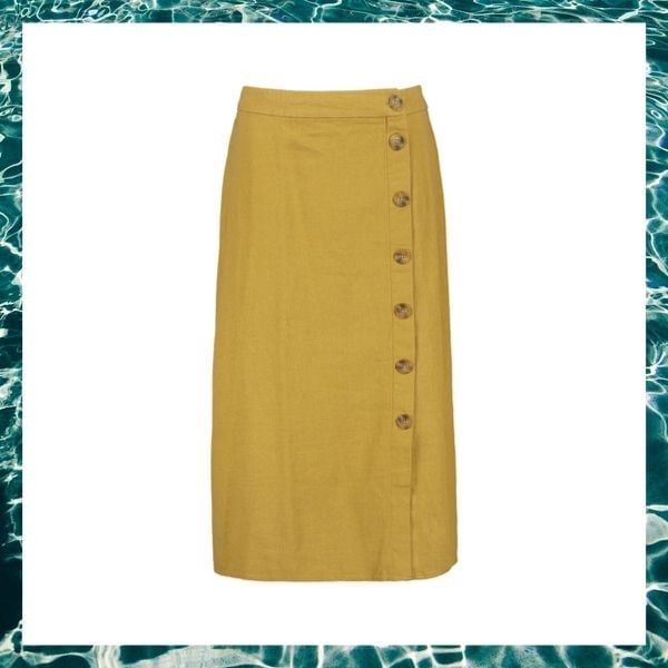 Side Button Linen Blend Maxi Skirt