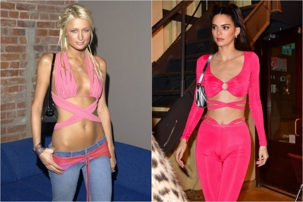 Paris Hilton in 2002, versus Kendall Jenner last week. Images: Getty.
